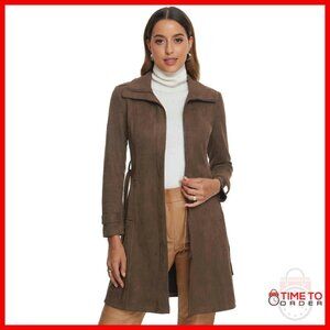 Faux Suede Belted Jacket Long Zipper Casual Women's Coat